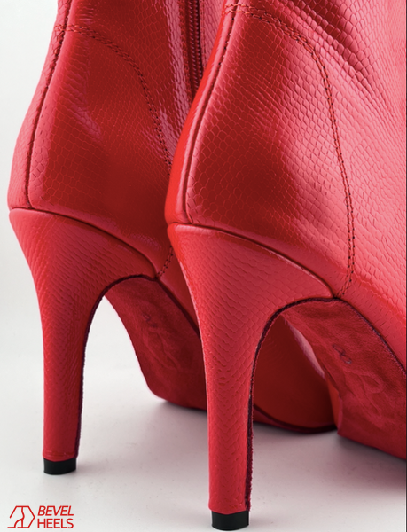 Professional heels made of genuine Premier leather, red snake pattern, with tongue &mdash; dance shoes for modern High Heels dance, open-toe lace-up ankle boots., Red, 9,3 cm, Classic rubber, genuine leather, shoe tongue