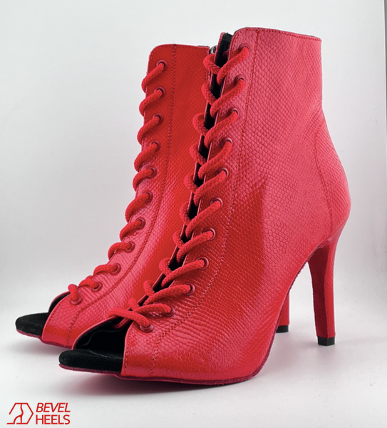 Professional heels made of genuine Premier leather, red snake pattern, with tongue &mdash; dance shoes for modern High Heels dance, open-toe lace-up ankle boots., Red, 9,3 cm, Classic rubber, genuine leather, shoe tongue