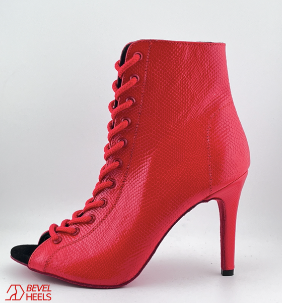 Professional heels made of genuine Premier leather, red snake pattern, with tongue &mdash; dance shoes for modern High Heels dance, open-toe lace-up ankle boots., Red, 9,3 cm, Classic rubber, genuine leather, shoe tongue