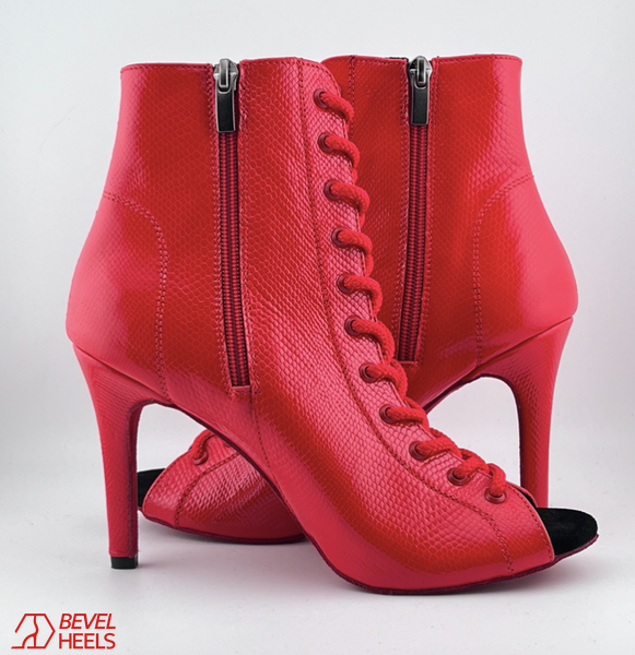Professional heels made of genuine Premier leather, red snake pattern, with tongue &mdash; dance shoes for modern High Heels dance, open-toe lace-up ankle boots., Red, 9,3 cm, Classic rubber, genuine leather, shoe tongue