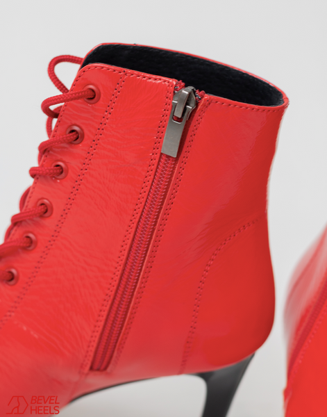 Profesjonalne heelsy z naturalnej sk&oacute;ry Premier, czerwone lakierowane, z językiem &mdash; buty do tańca High Heels, botki z odkrytymi palcami i sznurowaniem., Czerwony, 9,3 cm, Klasyczna guma, prawdziwa sk&oacute;ra, język buta