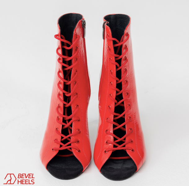 Profesjonalne heelsy z naturalnej sk&oacute;ry Premier, czerwone lakierowane, z językiem &mdash; buty do tańca High Heels, botki z odkrytymi palcami i sznurowaniem., Czerwony, 9,3 cm, Klasyczna guma, prawdziwa sk&oacute;ra, język buta