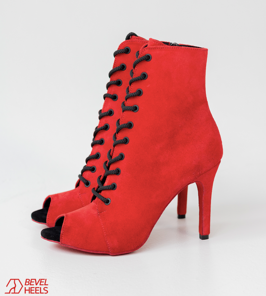 Profesjonalne heelsy z naturalnej sk&oacute;ry Premier, czerwony zamsz, z językiem &mdash; buty do tańca High Heels, botki z odkrytymi palcami i sznurowaniem., Czerwony, Indywidualne szycie na miarę, prawdziwa sk&oacute;ra, język buta