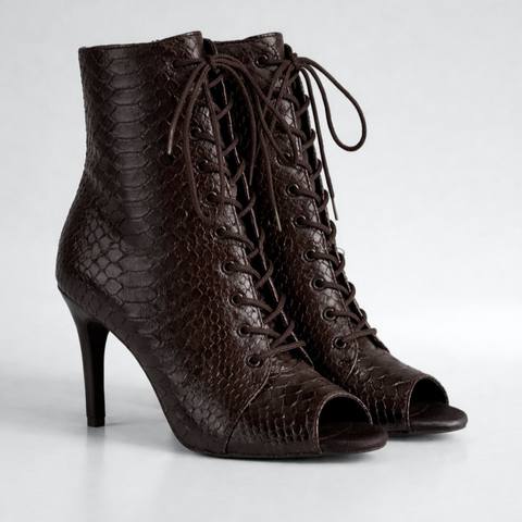 Professional High Heels dance shoes made of genuine Premier leather, chocolate reptile texture, with tongue, modern dance High Heels ankle boots with open toe and lacing., Brown, 41, 9,3 cm, Classic rubber, genuine leather, shoe tongue
